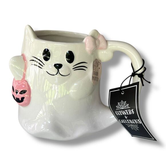 Cobwebs & Cauldrons Hand Painted Cat Pink Bow Halloween Mug - Picture 2 of 10